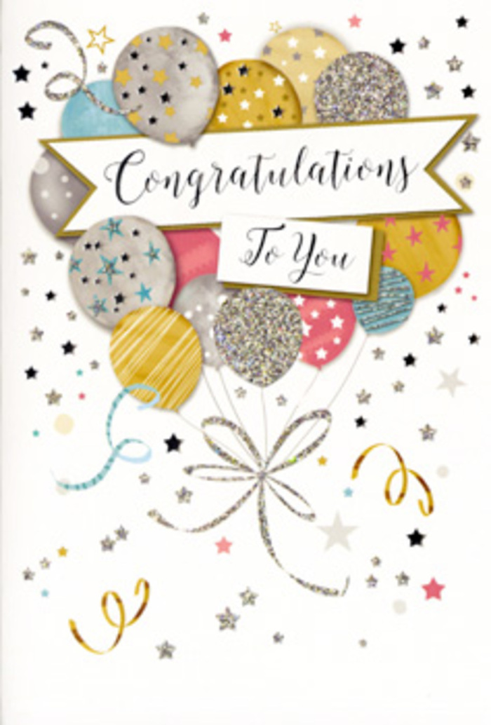 In this photograph, a refined congratulations card is shown standing as though placed beside a celebratory floral arrangement in a Farnborough living room. The front of the card features a carefully balanced cluster of balloons, rising in a loose, organic shape that suggests easy movement, like balloons drifting toward the ceiling at a party. The colour palette is soft and sophisticated: metallic gold and silver mingle with champagne tones, clear sky blue, gentle blush pink and calm grey. Each balloon is distinct; some are rendered with smooth, gleaming shading, while others are decorated with tiny star patterns, delicate stripes or scattered dots that look almost like fine glitter sparkling under the lights of a local Farnborough venue. From the base of the cluster, thin ribbons trail downwards in intertwining strands of gold and silver, curling casually as if they've just been released from someone's hand. A sweeping banner unfurls horizontally through the centre of the composition, resting lightly across the balloons and carrying the phrase Congratulations To You in flowing, decorative calligraphy that conveys warmth and admiration. Around the central motif, small stars, playful dots and swirling confetti shapes are scattered across a soft, pale background, adding depth and a sense of festive air swirling around the design. The entire card radiates a gentle yet unmistakable sense of pride and joy, perfectly suited for marking milestones like promotions, graduations or personal achievements around Farnborough and the nearby neighbourhoods. Looking at it, you can almost feel the slight weight of quality card stock in your hand and imagine it standing proudly beside a vase of fresh flowers, quietly echoing the emotions that are sometimes hard to put into words.