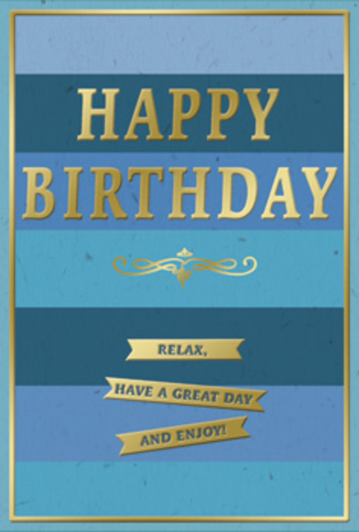 This birthday card is captured in a still, almost contemplative moment, its layered blue and gold design suggesting a celebration that is thoughtful rather than loud-perfect for a quiet gathering in Farnborough. The card's surface is divided into generous horizontal bands of blue that shift gently from one shade to the next. At the bottom, a rich navy anchors the design, gradually lightening through denim and cornflower tones, and eventually touching on pale sky blue and whisper-soft teal toward the top. The progression is seamless, evoking calm horizons or the changing sky above Farnborough's green spaces. Centered amid this soothing palette, the words HAPPY BIRTHDAY emerge in embossed gold foil, the letters tall, refined, and evenly spaced. The gold is warm, not brassy, and its subtle gleam gives a sense of importance to the greeting, as though each word were carefully considered. Beneath this main message, a graceful golden flourish stretches horizontally, comprising elegant curves and loops that add a traditional, almost regal touch. Below that, three narrow gold banners are arranged in a tidy column, each banner extending across the width of its blue stripe. On these banners, the sentiment unfolds in gentle, conversational rhythm: Relax, have a great day and enjoy! The banners and lettering share the same metallic sheen, tying the elements together visually. A slim gold border frames the card's outer edge, keeping the composition neat and self-contained. Everything in the image feels balanced and composed, making this card an ideal companion to a carefully arranged birthday bouquet delivered anywhere in Farnborough, sending a message that values peace, comfort, and quietly joyful celebration.
