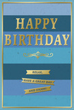 The image shows a beautifully composed birthday card whose design combines cool blues with warm gold accents, conjuring the calm, friendly atmosphere of a Farnborough birthday gathering at home. The card face is structured with broad, horizontal stripes of blue that subtly shift in tone as they move upward: a deep navy base transitions smoothly through medium denim and cornflower shades, finishing in lighter sky blue and soft teal near the top. This graduated background gives the impression of depth and calm, like the layered view of distant trees and sky. Centered prominently on this blue tapestry, HAPPY BIRTHDAY is stamped in tall, embossed gold foil lettering. The font is classic and easy to read, and the gold has a gentle metallic glow that catches and reflects the light in a refined way. Just below the main greeting, a decorative gold flourish stretches elegantly across the card, its curved lines providing a graceful visual pause. Beneath this flourish, three straight gold banners form a neat trio, arranged step by step down the card. Each banner carries part of the warm message: Relax, have a great day and enjoy! The banners mirror the width of the stripes behind them, reinforcing the calm horizontal rhythm of the design. Around the entire edge of the card runs a thin gold border, enclosing the blues like a delicate frame and giving the piece a finished, polished look. Taken together, the blues suggest ease and quiet, while the gold speaks of celebration-making it a fitting birthday card to accompany a hand-delivered bouquet in Farnborough for someone who appreciates elegance and understated joy.